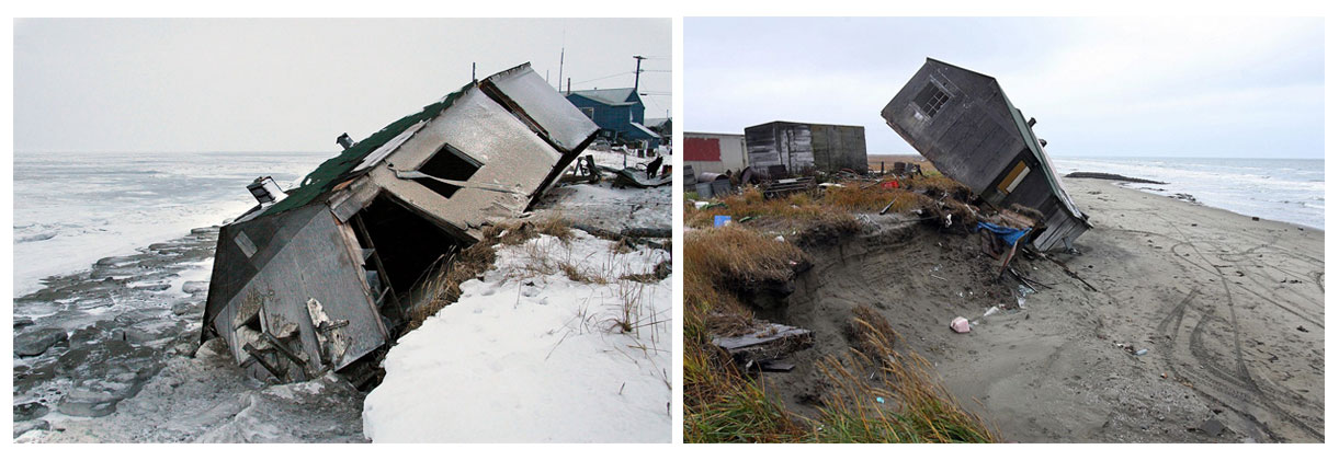 Figure 7. LEFT:  Image of fallen house in Shishmaref, Alaska, photographed by Diana Haecker. Published in the New York Times and ABC, among others. Figure 8. RIGHT: Image of fallen house in Shishmaref, Alaska, captured on September 27, 2006 by Diana Haecker. Published in NBC, CNN, and Huffington Post, among others