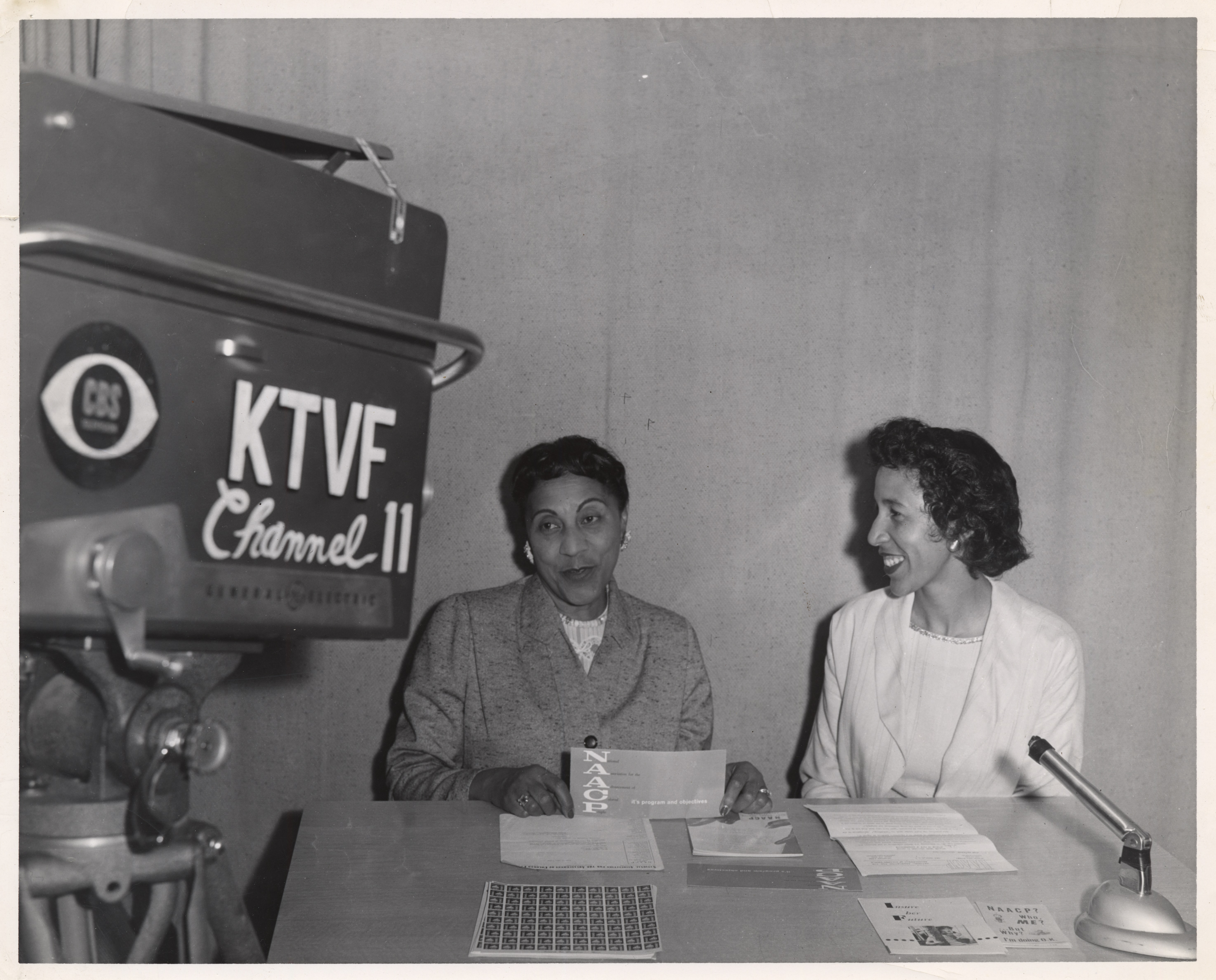 Tarea Hall Pittman with Velma Aiken presenting the weekly television program Your NAACP Reporter, 1958