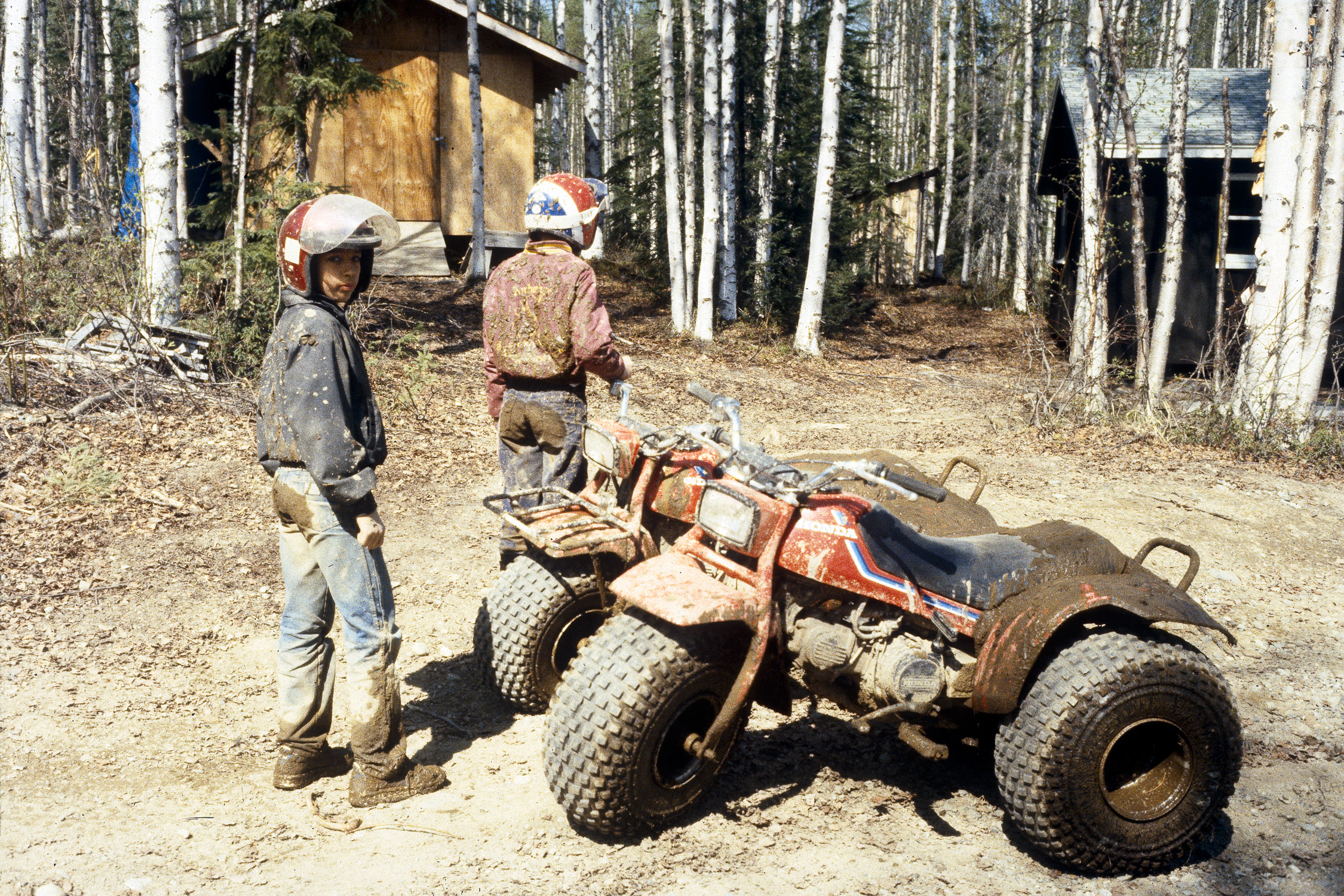 Mud happy after an ATV ride in Willow, 1985. Digital reproduction from 35mm slide. Doris Rhodes Slides, Anchorage Museum, B1993.020.2962.