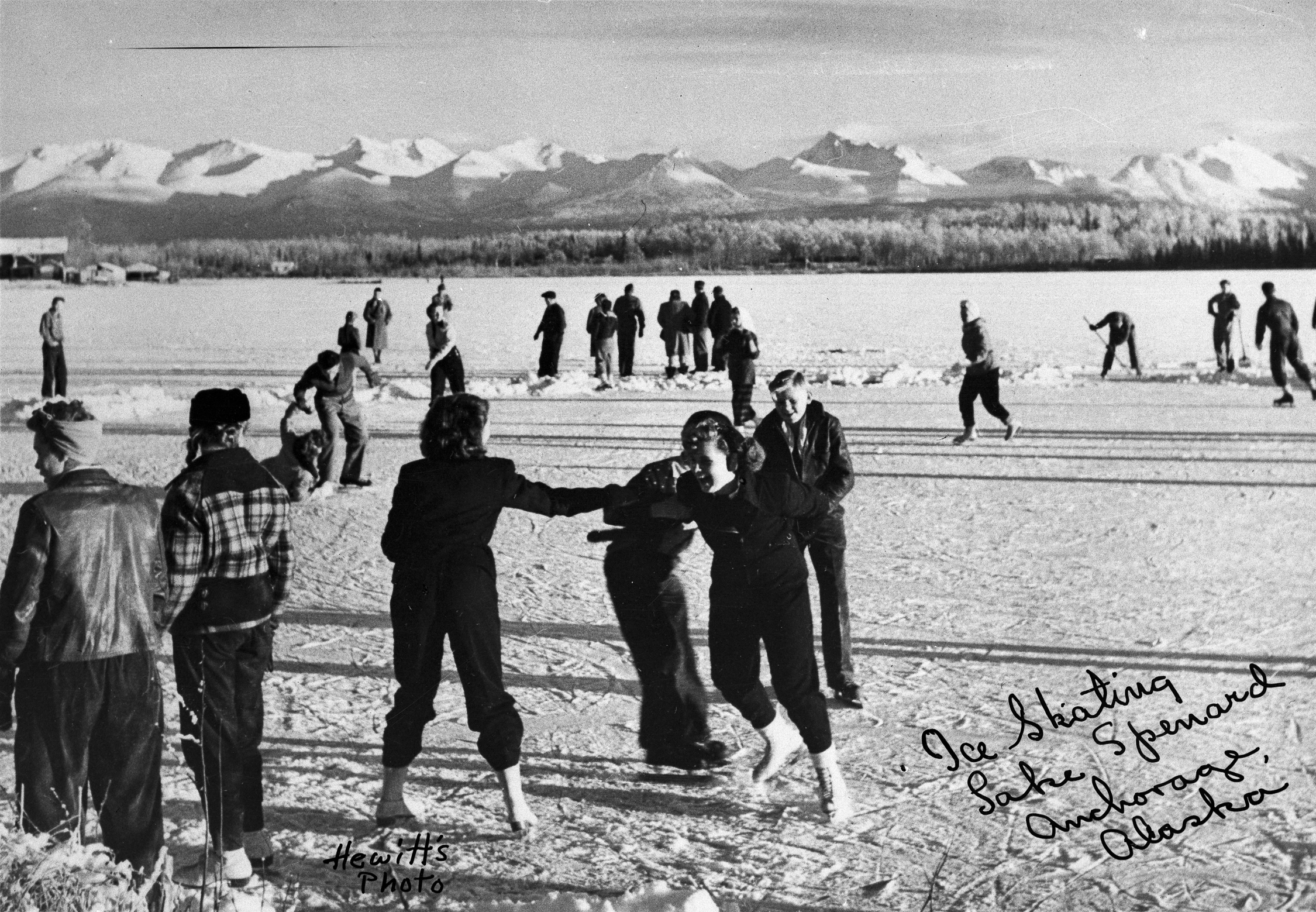 Ice skating on Lake Spenard , c. 1930–1950. Digital reproduction from negative. Lu Liston Collection, Anchorage Museum, B1989.016.1729.